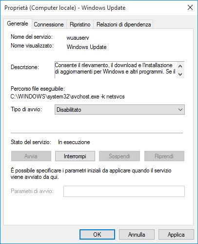 Proprità servizio Windows  Update
