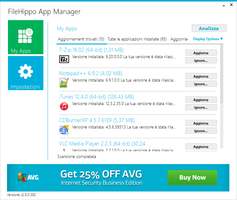 Interfaccia principale di FileHippo App Manager