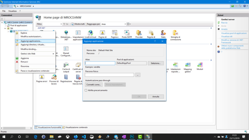 Aggiungere applicazione web in IIS