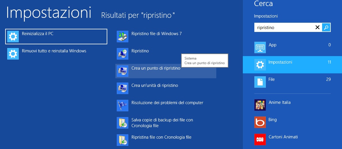 Creare un punto di ripristino in Windows 8