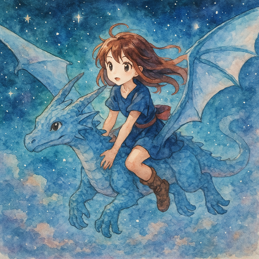 Ragazza anime su drago volante in cielo stellato, stile acquerello. Ragazza anime su drago volante in cielo stellato, stile acquerello.